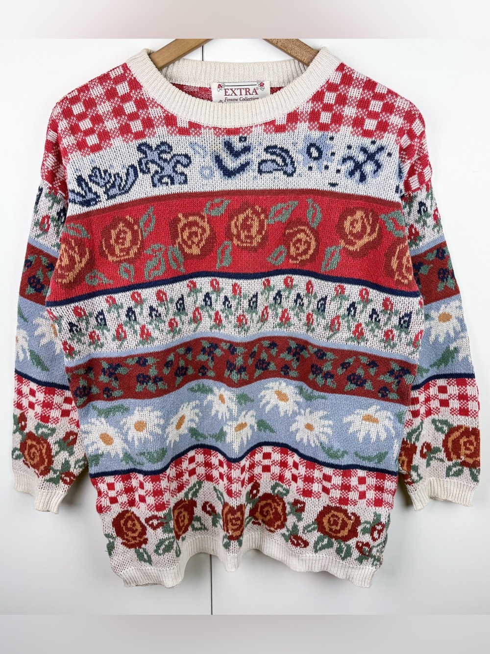Vintage Cottagecore Rose Daisy Floral Picnic Gingham Plaid Striped Sweater